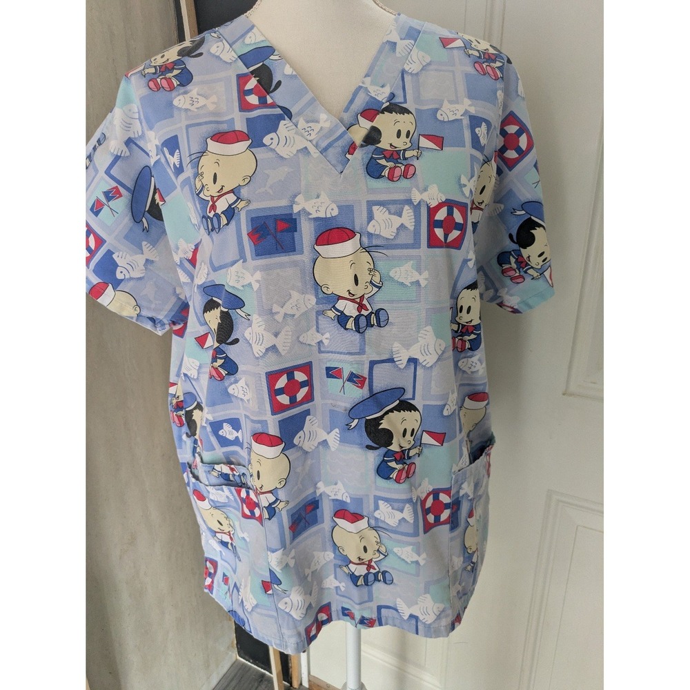 Women's Scrub Top H.Q. Nautical Print Baby Popeye Olive Oil V-Neck Med/Large